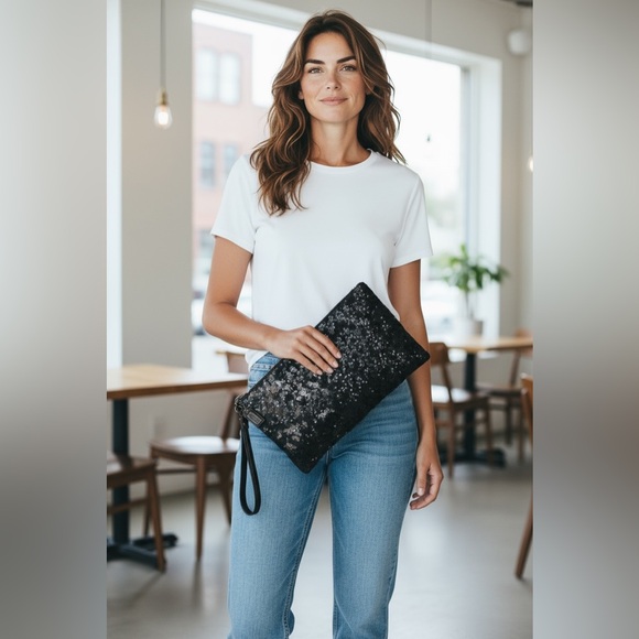 COACH RARE LIKE NEW NAVY SEQUIN XL CLUTCH BAG W/ WRISTLET STRAP 12 1/2 x 7 1/2 - Picture 2 of 12